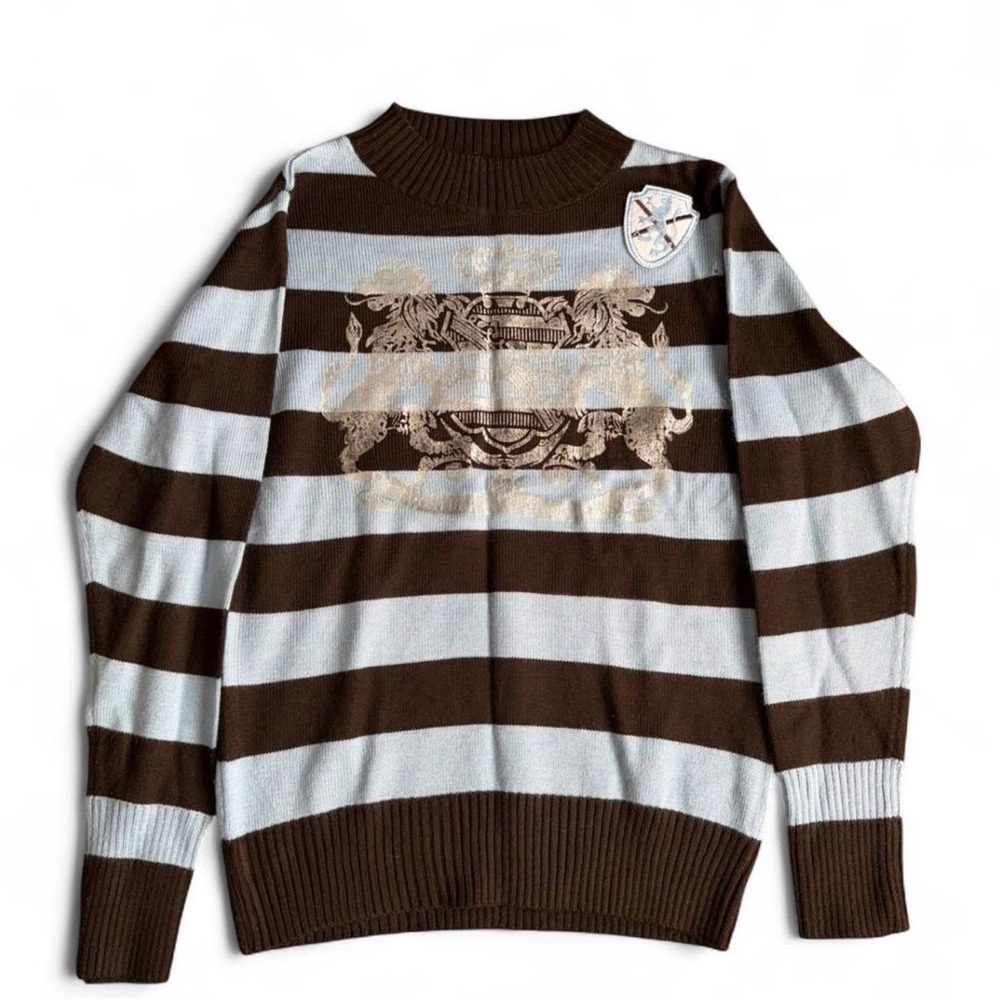 Striped Crewneck Sweater in Brown and Light Blue with Crest Detail